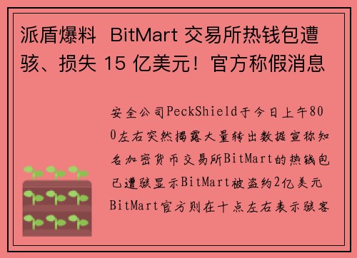 派盾爆料  BitMart 交易所热钱包遭骇、损失 15 亿美元！官方称假消息后承认